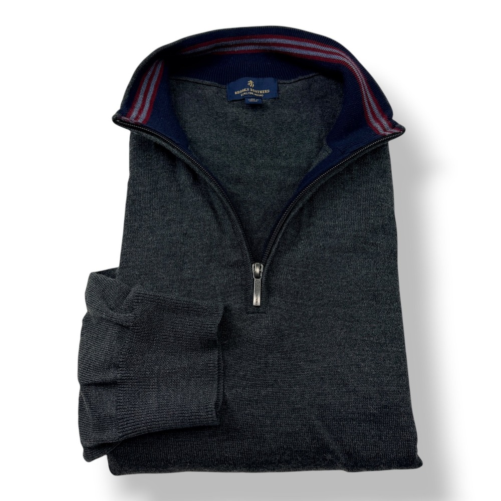 Brooks Brothers Extra Fine Merino Wool Quarter Zip Sweater Charcoal Gray Mens XL